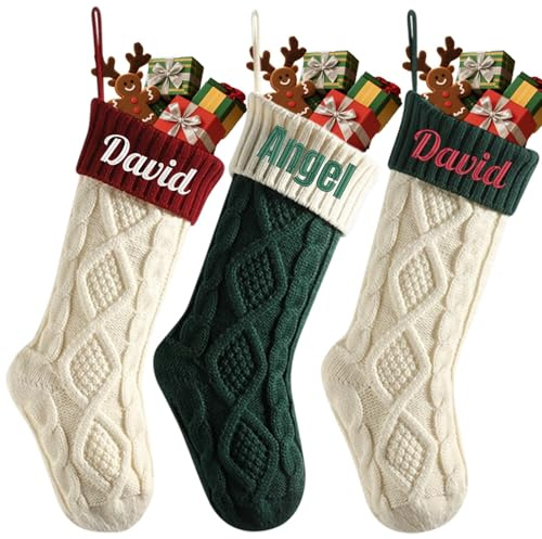 Großer Weihnachtsstrumpf mit besticktem Namen, 45,7 cm, bestickt, 45,7 cm, Zopfstrickstrumpf für Urlaub, Weihnachten, Party, Familiendekoration