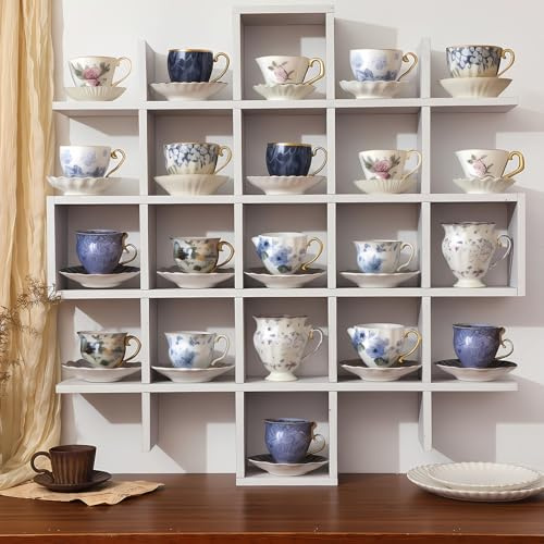 Suzile Oversize Tea Cups and Saucers Shelf Rustic Wooden Coffee Display Shelves Wooden Floating Curio Shelf Mounted Tea and Saucer Rack Holder for Kitchen Station Bar Accessories(White)