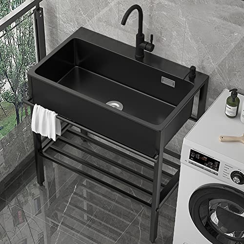 Set lavello da Cucina in Pietra di Quarzo - lavello Indipendente per Lavanderia, postazione di Lavoro a Vasca Singola con Rubinetto Estraibile e cestello filtrante, Ideale per Giardino e Uso