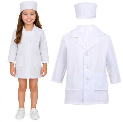 OIXEYA Blouse Blanche Enfant, Deguisement Medecin Costume, Docteur Enfant Costume avec Chapeau de Médecin, pour Garçon Fille Enfants de 3-6 Ans
