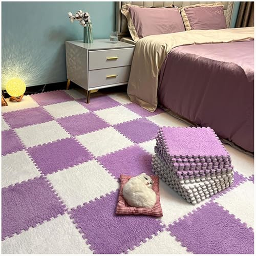 Crawling carpet Plush Interlocking Puzzle Rugs 100pcs 1x1ft Square Foam Floor Tiles Mats Soft Foam Floor Mats(Purple+White)