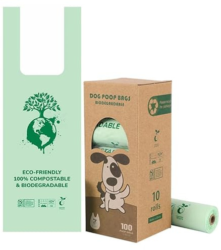 Biologisch abbaubare Hundekotbeutel mit Griffen 100 Stück (10 Rollen) dick & auslaufsicher, nachhaltige Poop Bags aus Maisstärke, umweltfreundliche Nachfüllrollen für Hunde (heim- kompostierbar)