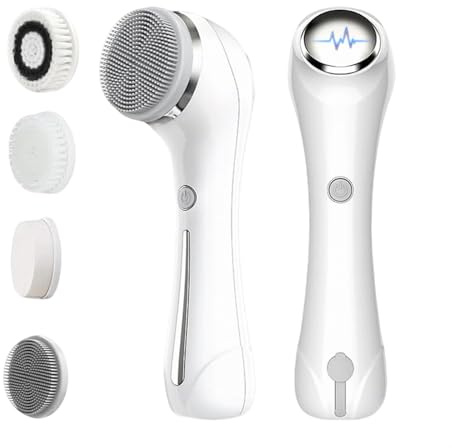 Cepillo Eléctrico Facial Limpiador, Exfoliador Facial 3 en 1 Impermeable con 4 Cabezales, Calor y Masaje, Limpiador de Poros Recargable para Todo Tipo de Piel