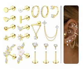 MILACOLATO 18 Stück Helix Piercings Chirurgenstahl Ohrringe Piercing Ohr Gold Flatback Ohrstecker Hypoallergen Ohrringe Set Knorpel Rook Conch Tragus Piercing Set Geschenk Damen