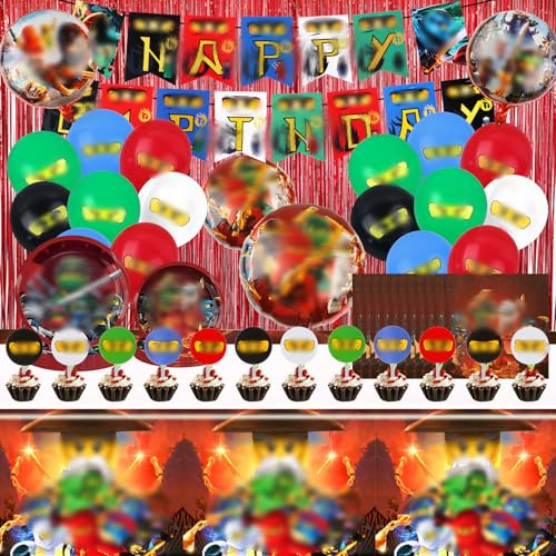 87Stück Geburtstagsdeko, Ni-nj Luftballons Geburtstag Dekoration Set, Kindergeburtstag deko mit Gute Geburtstag Banner, Tischdecke, Luftballons, Tortenaufsätze, Teller