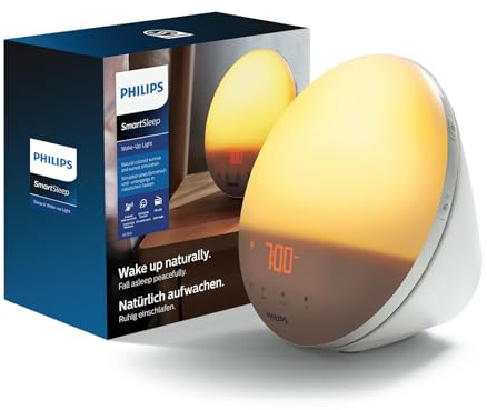 Philips SmartSleep Wake-up Light – Luz de cabecera y despertador con USB, Simulación del amanecer de colores, 20 niveles de brillo, 7 sonidos naturales, Función de luz nocturna, Modelo HF3532/01