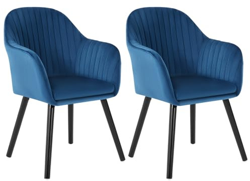WOLTU Set di 2 Sedie per Sala da Pranzo con Schienale Braccioli Poltrona Imbottita Gambe in Legno Seduta in Tessuto Velluto Blu