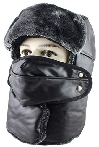 BZNOO Herren Winter Fliegermütze Army Military Ushanka Herren & Damen Winterlederhut Aus Pu-Leder Mit Warmem Pilot Earflap Trapper Schneeski Cap-Black
