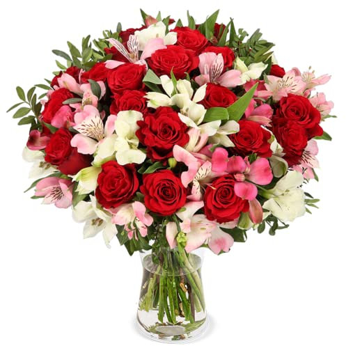 Blumenstrauß Liebesgruß, roter Rosenstrauß, rote Rosen und weiße Inkalilien, bis zu 40 Blüten, 40-50cm Länge, 7-Tage-Frischegarantie, Qualität vom Floristen, perfekte Geschenkidee bestellen