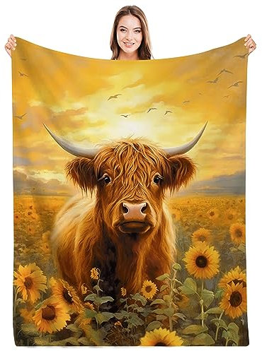 SARA NELL Hochland-Kuh- und Sonnenblumen-Decke, schöne Hochland-Kuh-Druck-Decke und Überwurf, niedliche Kuh-Geschenke für Mädchen, Kinder, Erwachsene, gemütliche Plüsch-Bettdecke, Highland-Kuh-Dekor,
