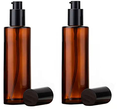Vipolishtry 2PCS 4oz Amber Glass Pump Bottles Empty Refillable Cosmetic Shampoo Container Great for Essential Oil Blends Lotions Liquid Soap Aromatherapy Bathroom Kitchen Travel