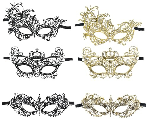 GIEEU 6 Stück Maskerade Maske,Damen Spitze Augenmaske,Venezianische Gesichtsmaske für Valentinstag,Halloween,Karnevalsparty,Maskerade Party(Schwarz,Gold)