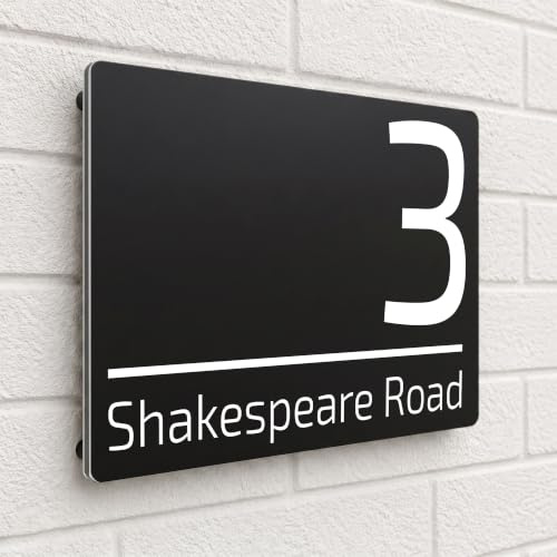 Housics Personalised House Number Plaque, Door Sign, Black, 280mm x 160mm | Custom Number & Street Name Weatherproof UV-Printed Fits Any Wall Gate or Door