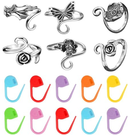 CVDYWDJIE 6 Anillos De Crochet Y 10 Hebillas De Posicionamiento De Plástico, Anillos Abiertos Ajustables, Accesorios para Tejer, Anillos De Crochet De Metal