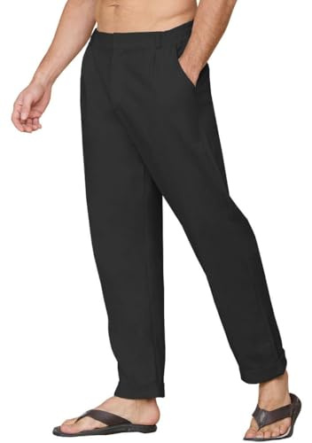 Yutdeng Pantaloni di Lino da Uomo, Nero, XXL, Slim Fit, Tasche, Eleganti, Casual da Spiaggia