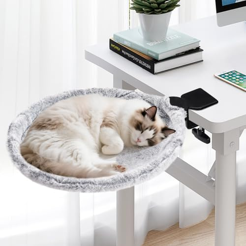 Uross Cat Desk Bed - 180° Rotating Cat Hammock Beds Soft & Comfortable Rabbit Fur Bed, Modern Indoor Cats Nest Furniture for Office Desks and Game Tables, Island Table-Supports 50 lbs (LightGrey)
