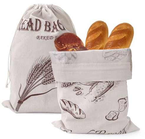 LELE LIFE Brotbeutel aus Leinen, mit wasserdichtem Einsatz, groß, 36 x 51 cm, wiederverwendbar, Kordelzug, Sauerteig, frische Aufbewahrung, hausgemachte Brotbeutel, 2 Stück