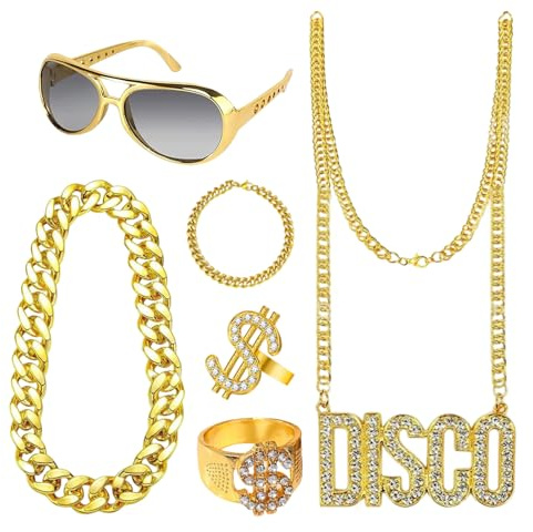 6 stycken guldkedja set plast hip hop kostym tillbehör disco guldkedja dollar tecken ring gyllene armband retro solglasögon rappare kostym för 70-talet 80-talet 90-talet outfit tillbehör