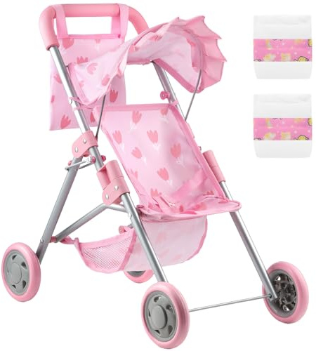 GAGAKU Passeggino per bambole per bambini piccoli, passeggino giocattolo pieghevole con cestino portaoggetti e borsa, pannolini - per bambine e bambini dai 3 anni in su, Motivo tulipani