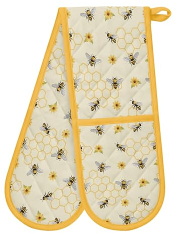Bee Oven Mitts Heat Resistant Double Oven Gloves with Loop Non-Slip Cute Bee Design Cotton Gloves Extra Long for Kitchen Cooking Baking Barbecue Grilling