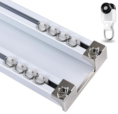 Takmonterade dubbla spårsystem, tysta skjutstänger i aluminium för rumsavdelare och ändar tillgängliga i längder från 60 till 210 cm (vit 3,5 m)