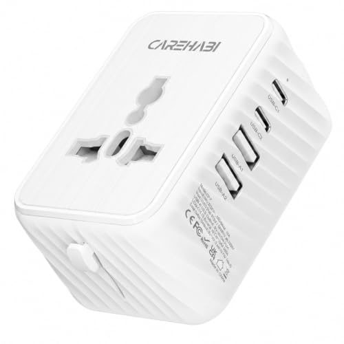 CAREHABI Universell reseadapter över hela världen, 5-i-1 internationell kontakt med 2 USB-C och 2 USB-A-portar, universell AC-uttag för 200 länder, bärbar reseladdare för Europa, Storbritannien, USA