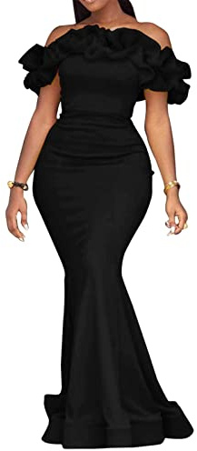 Cololura Sexy Floor-Length Off Shoulder Ruffles Stringy Selvedge Mermaid Bodycon Party Evening Maxi Dress Black