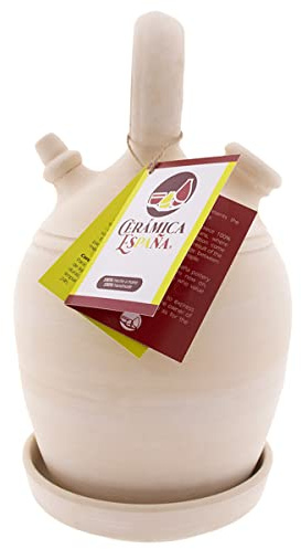 CERÁMICA ESPAÑA | Botijo de barro tradicional español | Botijo asa redonda base ancha | 100% Hecho a mano | 3 litros | ECO | Plato INCLUIDO