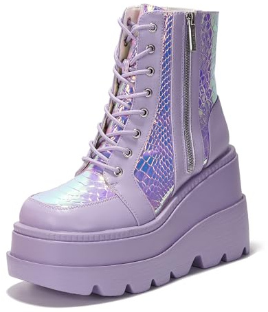 Cape Robbin Women's Holographic Platform Ankle Boots Chunky Block Heel Lace Up Side Zip (Radio) Lilac 7