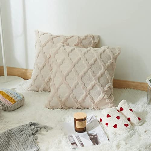 Boho Kissenbezug 50x50, Kissenbezug Flauschig 2 Stück Creme Beige Wolle Rautenmuster Outdoor Home Deko Couch