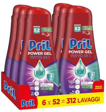 Pril Gel All in One Igiene, Detersivo Lavastoviglie Liquido con Bicarbonato, Multi-Azione Sporco Difficile, 6 Confezioni da 52 Lavaggi, 312 Lavaggi