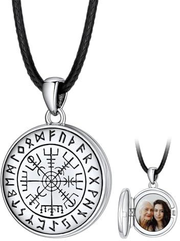 FaithHeart Personalisierter Foto Anhänger für Damen Herren, 925 Silber Medaillon mit Wikinger Vegvisir Symbol, Wikinger Amulett mit Bildanhänger für Papa Freunden Reisende