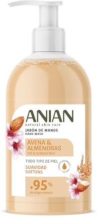 ANIAN - Jabón de Manos Avena y Almendras, 500 ml, para Piel Sensible, con Leche de Avena y Almendra, Calma e Hidrata la Piel, Manos más Suaves, + 95% Ingredientes de Origen Natural