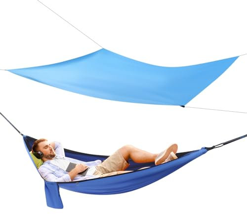Begonia Camping hängmatta med myggnät och tältpresenning, ventilerande hängmattor av nylonpolyester, resehammock för utomhusaktiviteter 200 kg lastkapacitet 2,9 x 1,4 m (blå)