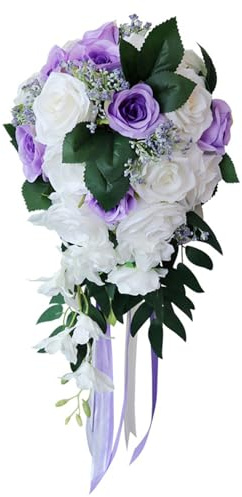 Fouriding Hochzeit Sträuße, Wasser Tropfen Wasserfall Künstliche Blumen Strauß für Zeremonie, Jahrestag, Braut Dusche Party, Hochzeit Dekoration (Violett Weiß)