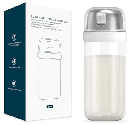 KITCHENDAO Glaszuckerspender mit seitlichem Ausgießer, integrierter Deckel zur Verlangsamung der Feuchtigkeit mit Messmarkierungen, eleganter Zuckerstreuer aus Borosilikatglas für Kaffeebar, BPA-frei,
