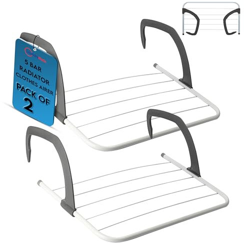 Laundry Mate Radiator Airer 5 Bars – Over Door Clothes Airer 2Pack Adjustable Folding Radiator Drying Rack for Towels & Laundry, Space Saving Cloth Drying Rack for Radiators, Doors & Baths