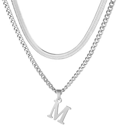 Buchstaben Halskette Herren, Edelstahl Silber kubanische Kette verstellbare Schlange Kette mit A-Z Letter Anhänger Geschichtet Halskette für Männer Papa Freund Geburtstag Vatertag Weihnachtsgesc (M)
