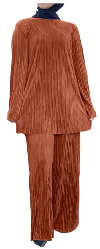 Amxleh Damen Muslimische Kleider 2 Teiler Langärmeliges Top + Lang Hose Ramadan Outfit Elegant Einfarbig Zweiteilige Sets Gebetskleidung Naher Osten Türkei Dubai Arabisch Abaya Anzug Gebet Outfits