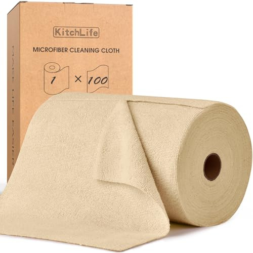 KitchLife Mikrofaser Reinigungstücher, 100 Stück pro Rolle Abreißbare Putztücher, Wiederverwendbare Fusselfreie Lappen für Küche, Haus und Auto, Weizen