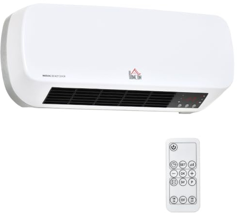 HOMCOM Heizlüfter zur Wandmontage 2000W mit LED-Display, Weiß | Keramik-Wandheizung, Fernbedienung, 2 Heizmodus, Wandheizgerät, 12h Timer, Schnellheizer für Wohnzimmer, Schlafzimmer