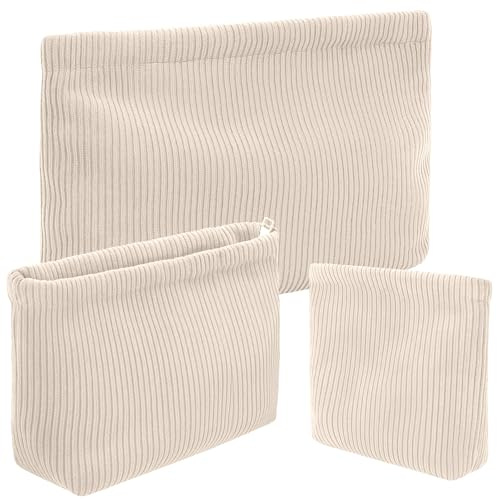 Sanwuta 3 Pack Corduroy Makeup Bag Set Toiletry Travel Pouch, Beige