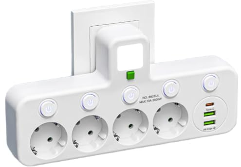 Muuookka Prise Électrique UE à 4 Prises, sans Rallonge, avec Deux Ports USB Type-C en Deux Spécifications