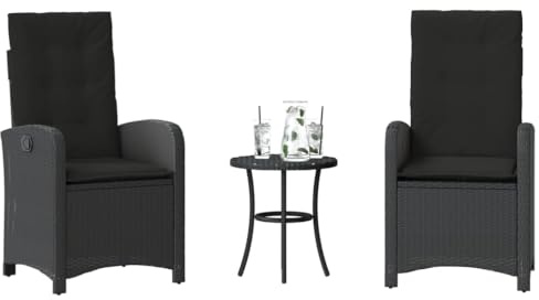 LoogCape Ensemble de bistro 3 pièces en rotin synthétique noir avec coussins, fauteuils de relaxation réglables, résistants aux UV et aux intempéries, pour jardin, balcon, terrasse, meubles