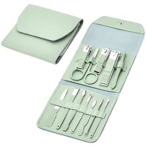 Set De Manicura Y Set De Uñas 12 En 1 De Acero Inoxidable - Set De Cuidado De Uñas Con Cortauñas, Tijeras Y Herramientas De Pedicura - Incluye Estuche De Cuero Portátil Para Uñas (Verde Jade)