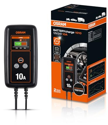 OSRAM BATTERYcharge 1010, 12V, Cargador de baterías inteligente, 10A para coches y furgonetas, compatible con baterías AGM, EFB, de plomo y litio, carga rápida, compatible con Start/Stop.