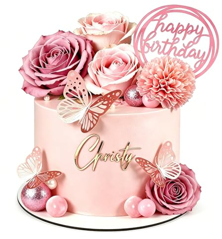 Flower Cake Topper 27 Pcs Rose Gold Floral Cake Decorations with Pink Balls for Women Birthday Wedding Valentine's Day Party Anniversary Holiday (Pink)