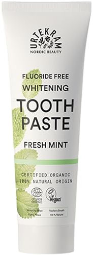 Urtekram Pasta de dientes de menta fresca vegana - Pasta de dientes blanqueadora sin flúor - Ingredientes orgánicos y naturales - Urtekram Dental, 75 ml (paquete de 1)