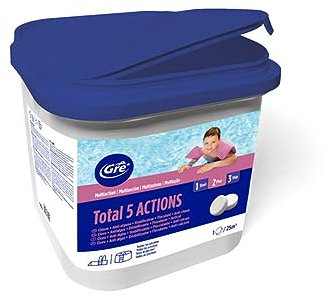 Pastillas multiacción para el Tratamiento Completo de la Piscina, Mantenimiento para el agua de la piscina 5 acciones: Desinfección, Anti algas, Floculante, Estabilizante, Anticalcárea 5kg -Gre 76036L