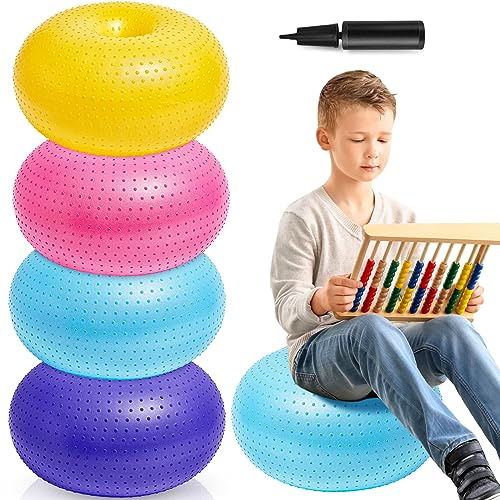 Meooeck 4 Pcs Upgraded Flexible Seating for Classroom 20 Inch Yoga Ball Chairs with Massage Point Inflatable Donut Ball Chair with Inflator for Kids Exercise Sensory Balance School Student Office